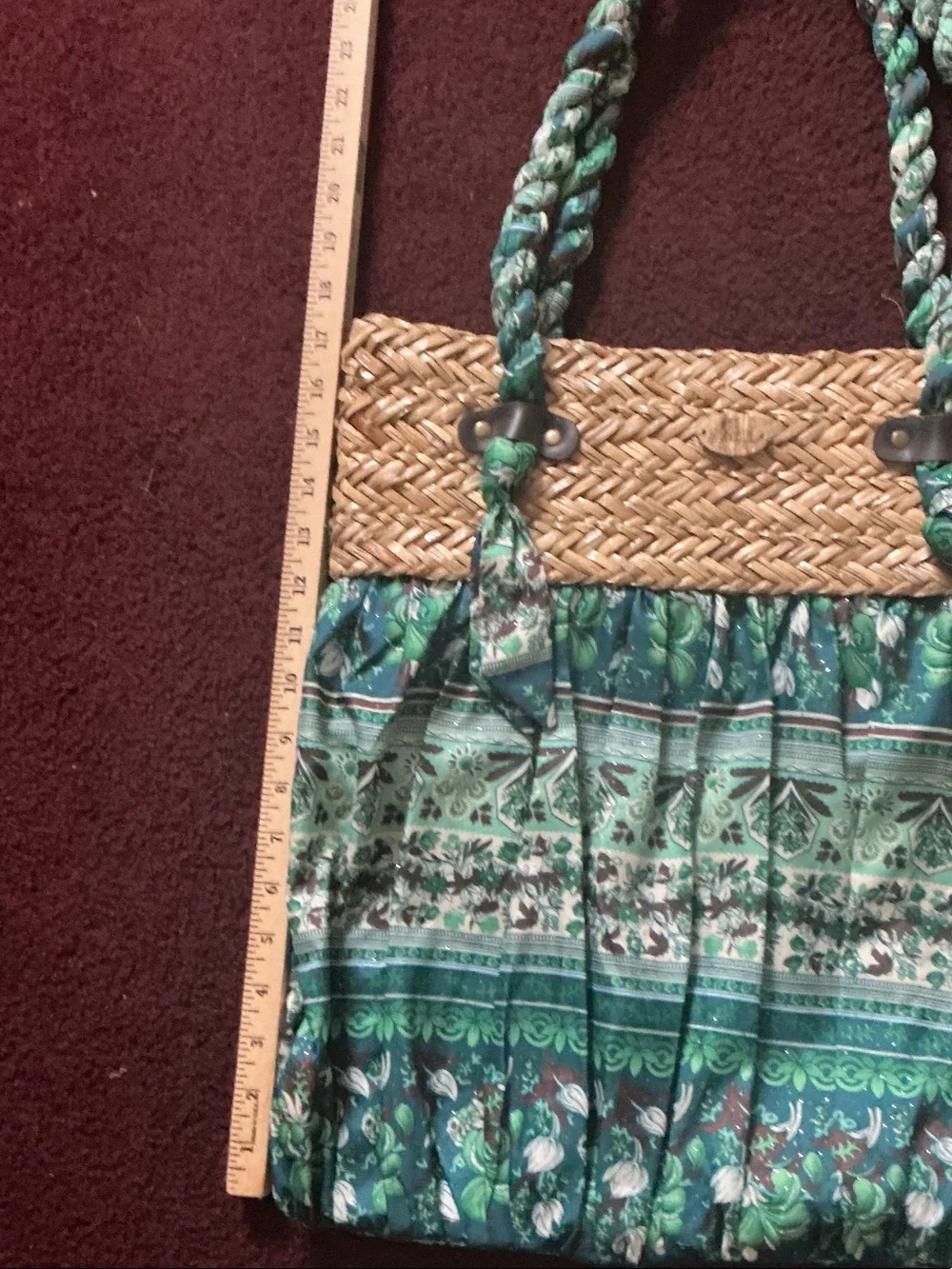 Woven Straw & Green Patterned Tote Bag